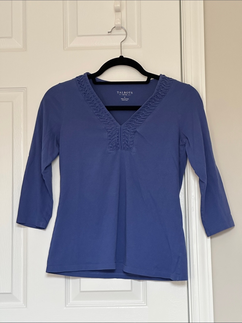 Talbots Royal Blue V-Neck 3/4 Sleeve Ruffle Trim Top Size P (Petite XS)
